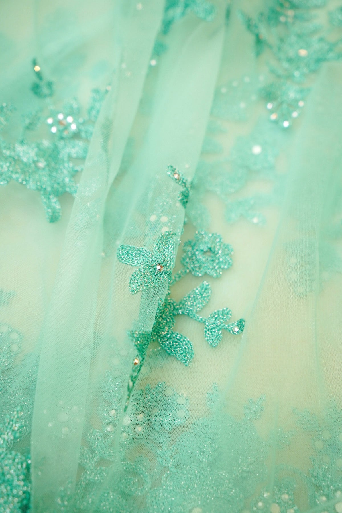 Mint Aqua Sequined Floral Embroidered Designer Net Saree with Readymade Blouse