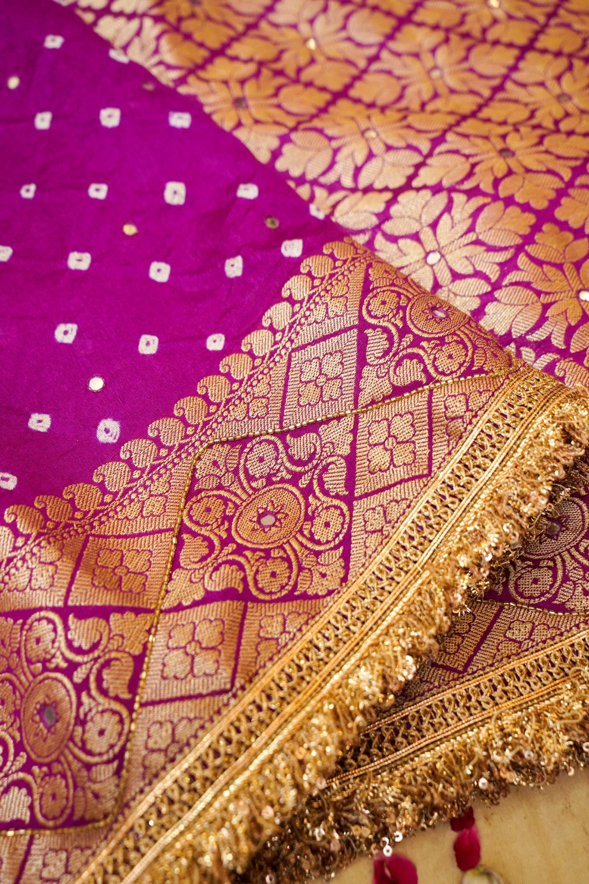 Rani Pink Bandhani Banarasi Dupion Silk Saree with Fringe Border