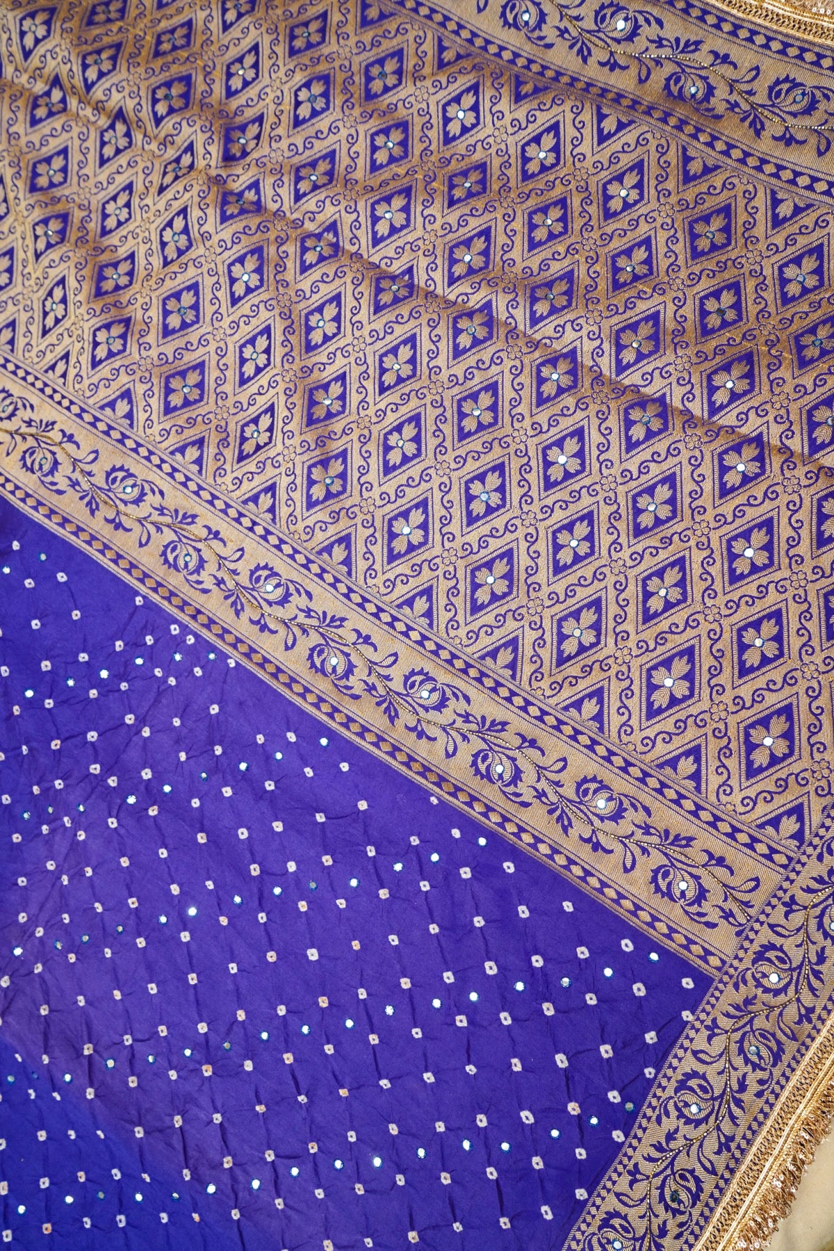 Royal Blue Bandhani Saree with Floral Mirror and Fringe Border