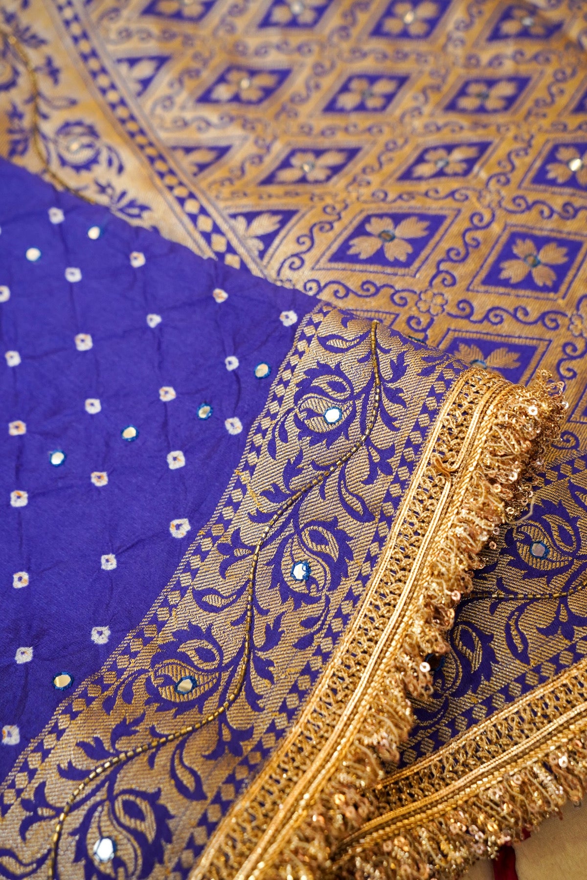 Royal Blue Bandhani Saree with Floral Mirror and Fringe Border