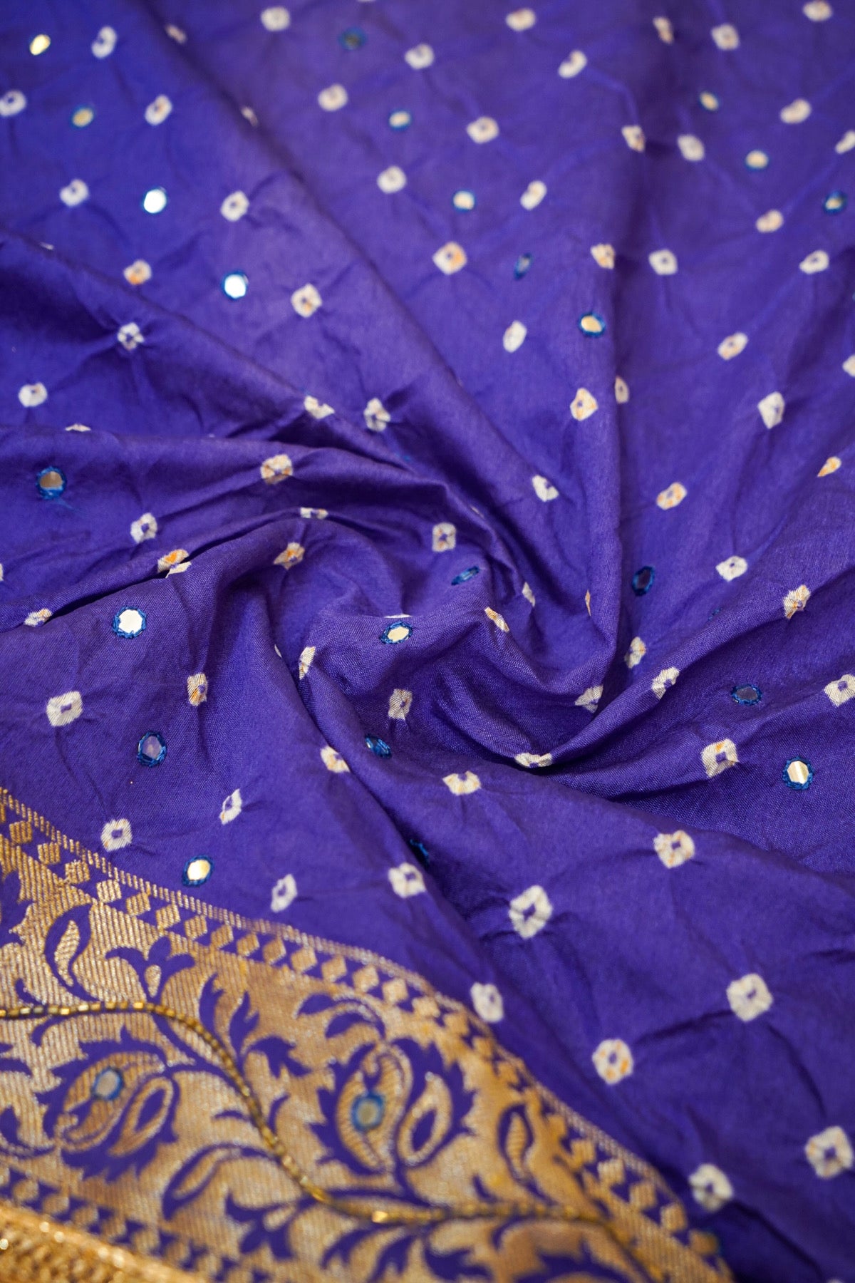 Royal Blue Bandhani Saree with Floral Mirror and Fringe Border