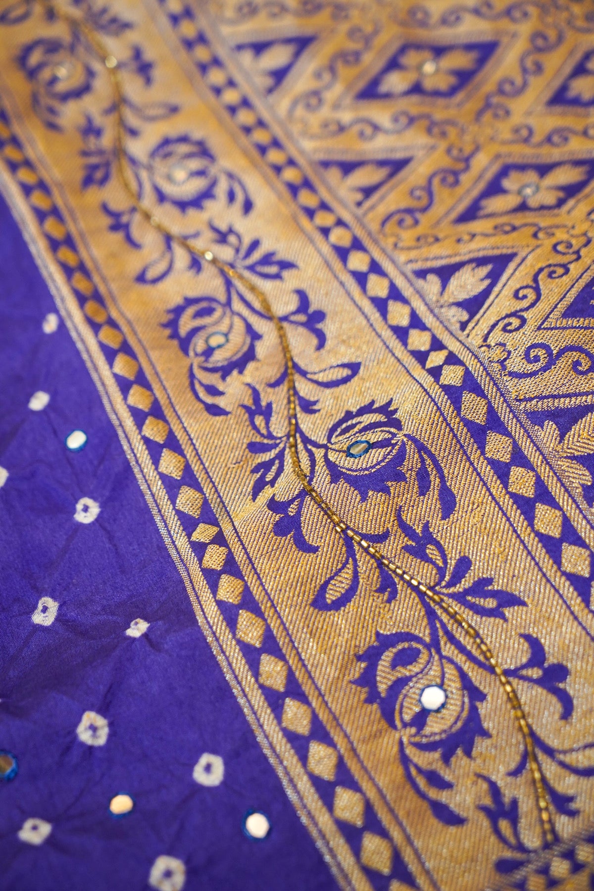 Royal Blue Bandhani Saree with Floral Mirror and Fringe Border