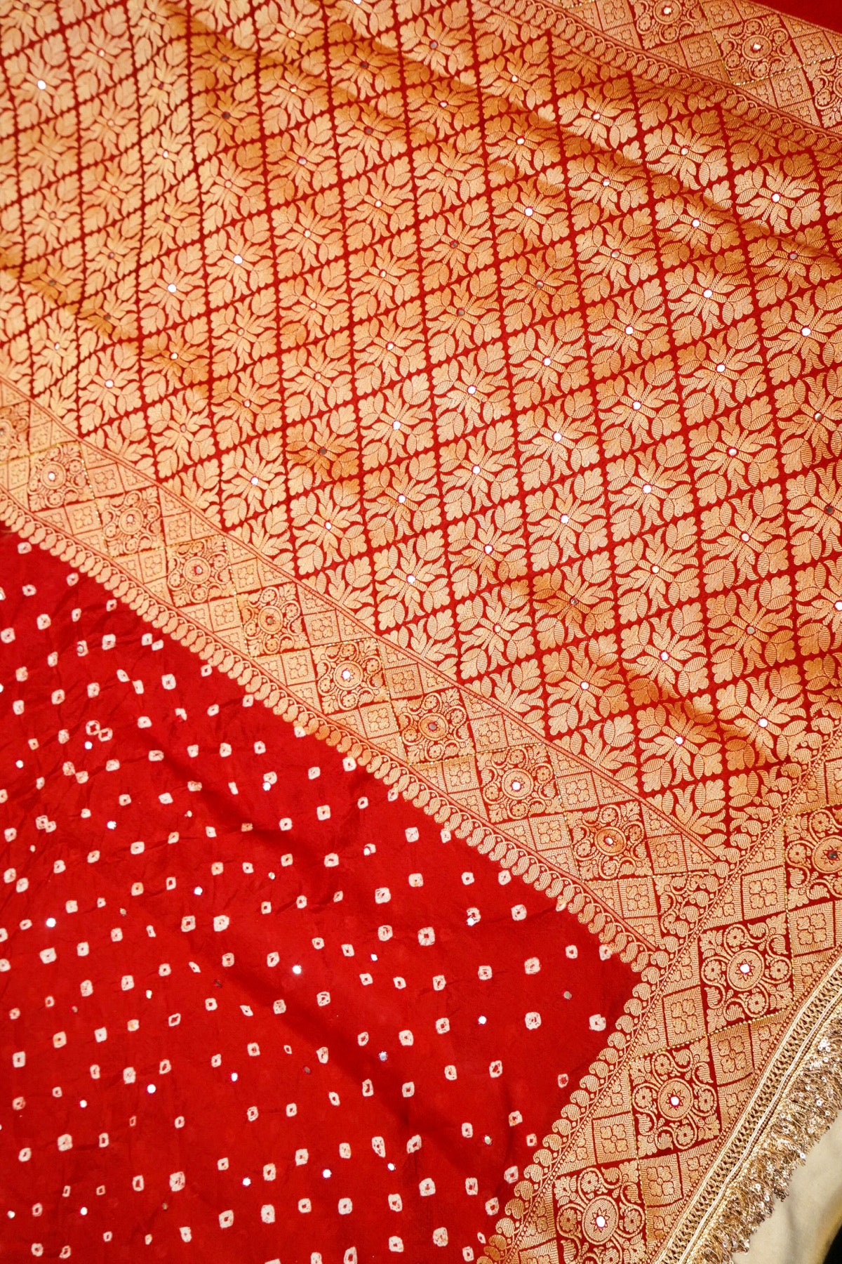 Vermilion Red Bandhani Banarasi Dupion Silk Saree with Fringe Border