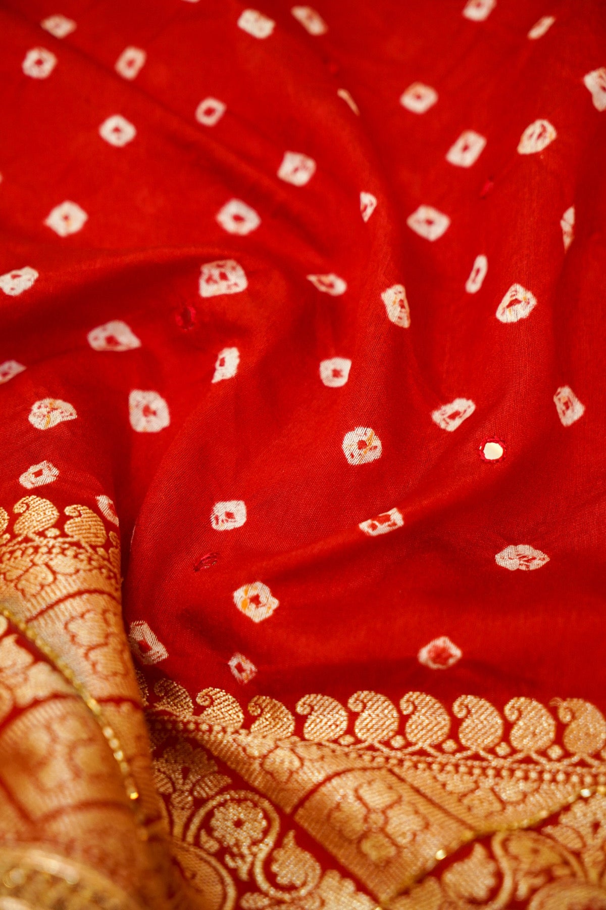 Vermilion Red Bandhani Banarasi Dupion Silk Saree with Fringe Border