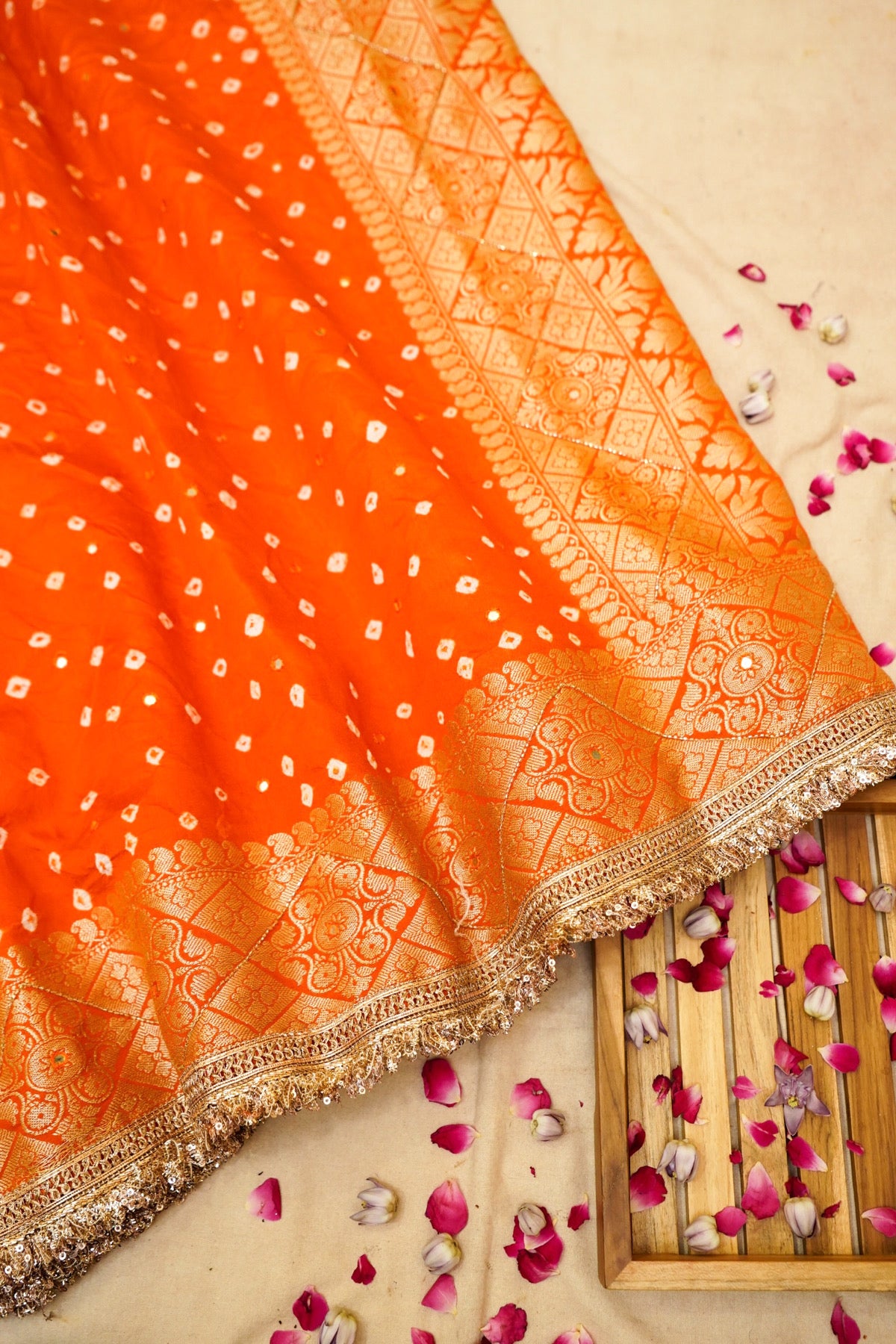 Tangerine Orange Bandhani Banarasi Dupion Silk Saree with Fringe Border