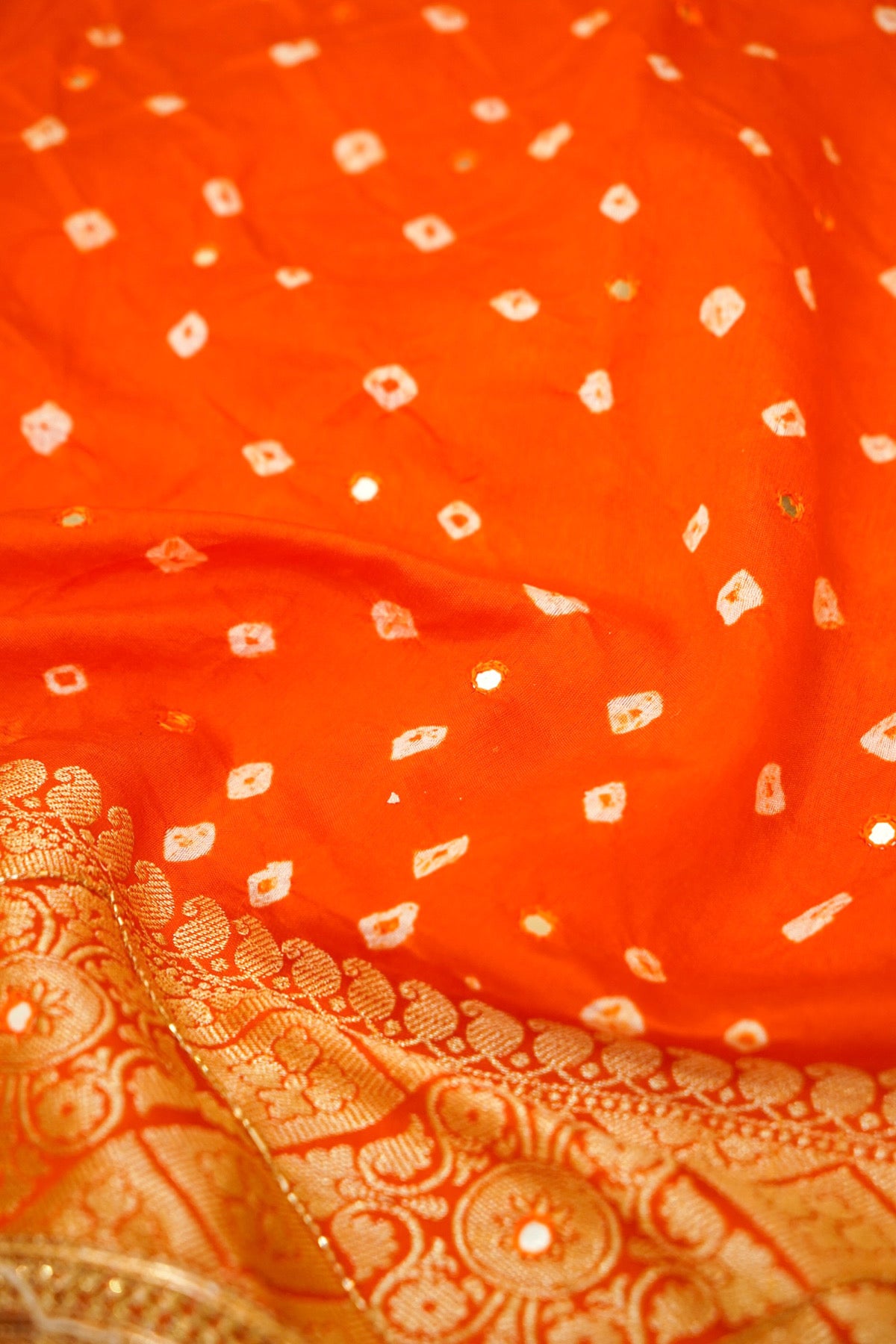 Tangerine Orange Bandhani Banarasi Dupion Silk Saree with Fringe Border