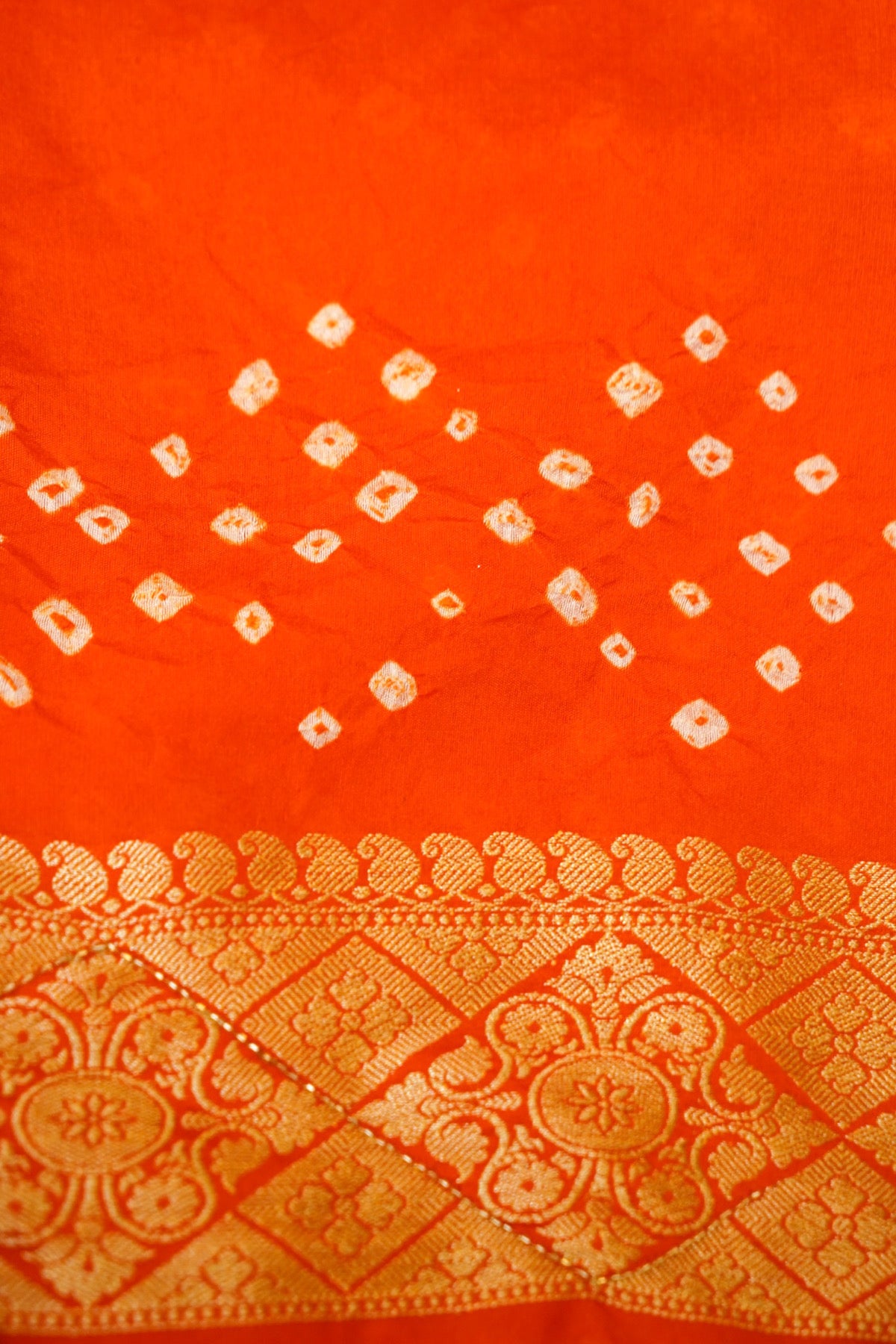 Tangerine Orange Bandhani Banarasi Dupion Silk Saree with Fringe Border