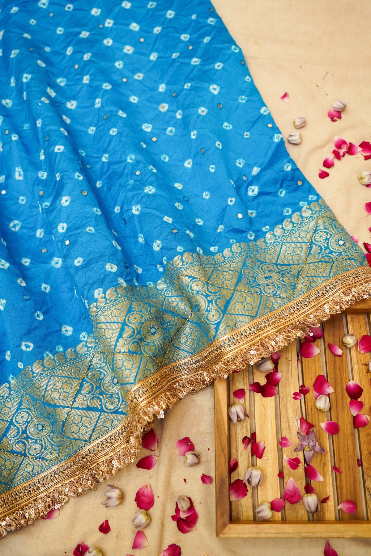 Azure Blue Bandhani Banarasi Dupion Silk Saree with Fringe Border