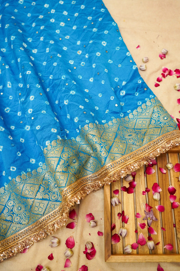 Azure Blue Bandhani Banarasi Dupion Silk Saree with Fringe Border