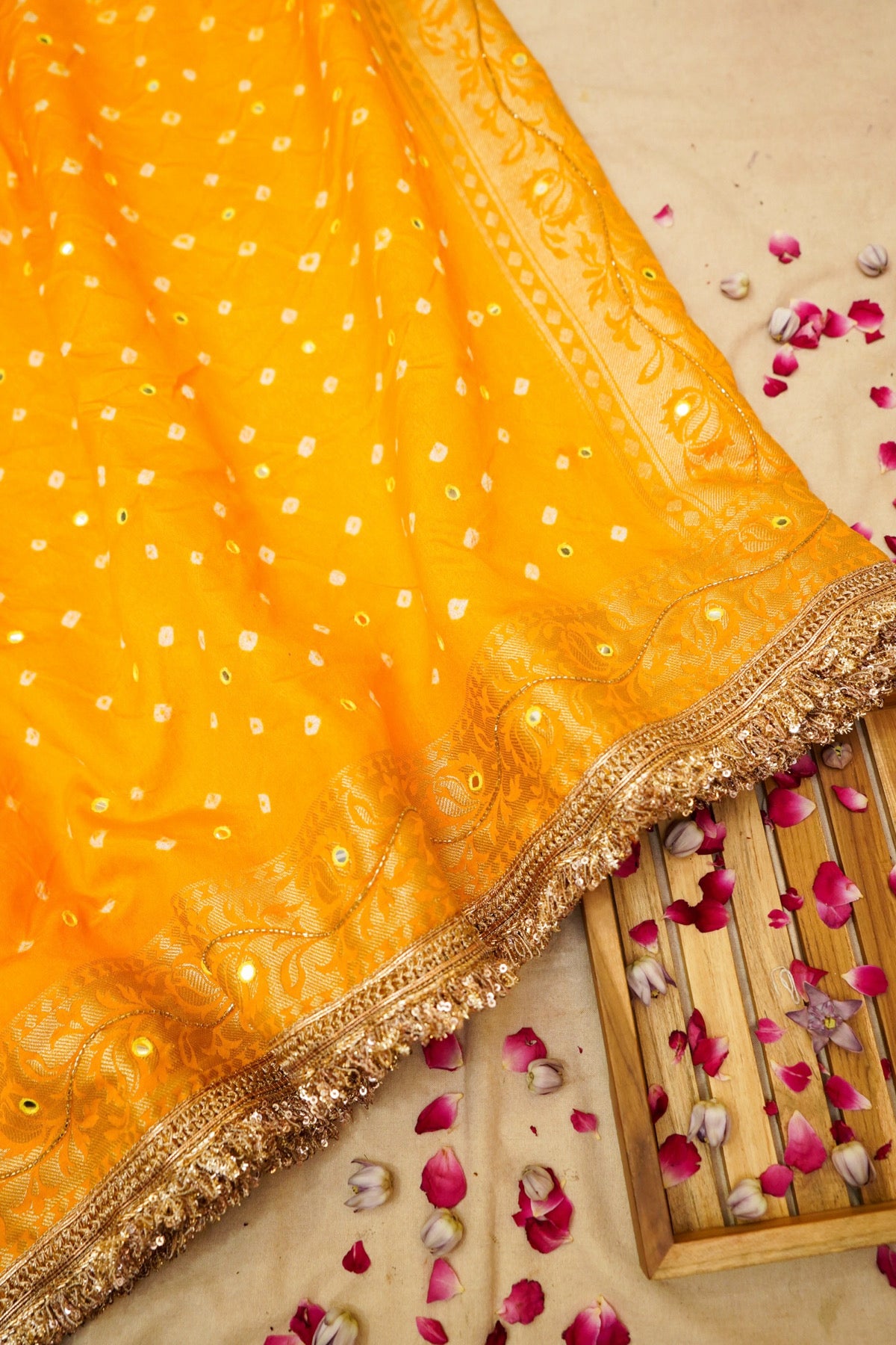 Marigold Yellow Bandhani Saree with Floral Mirror and Fringe Border