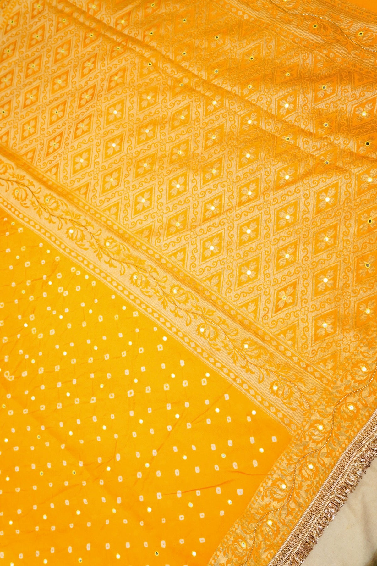 Marigold Yellow Bandhani Saree with Floral Mirror and Fringe Border