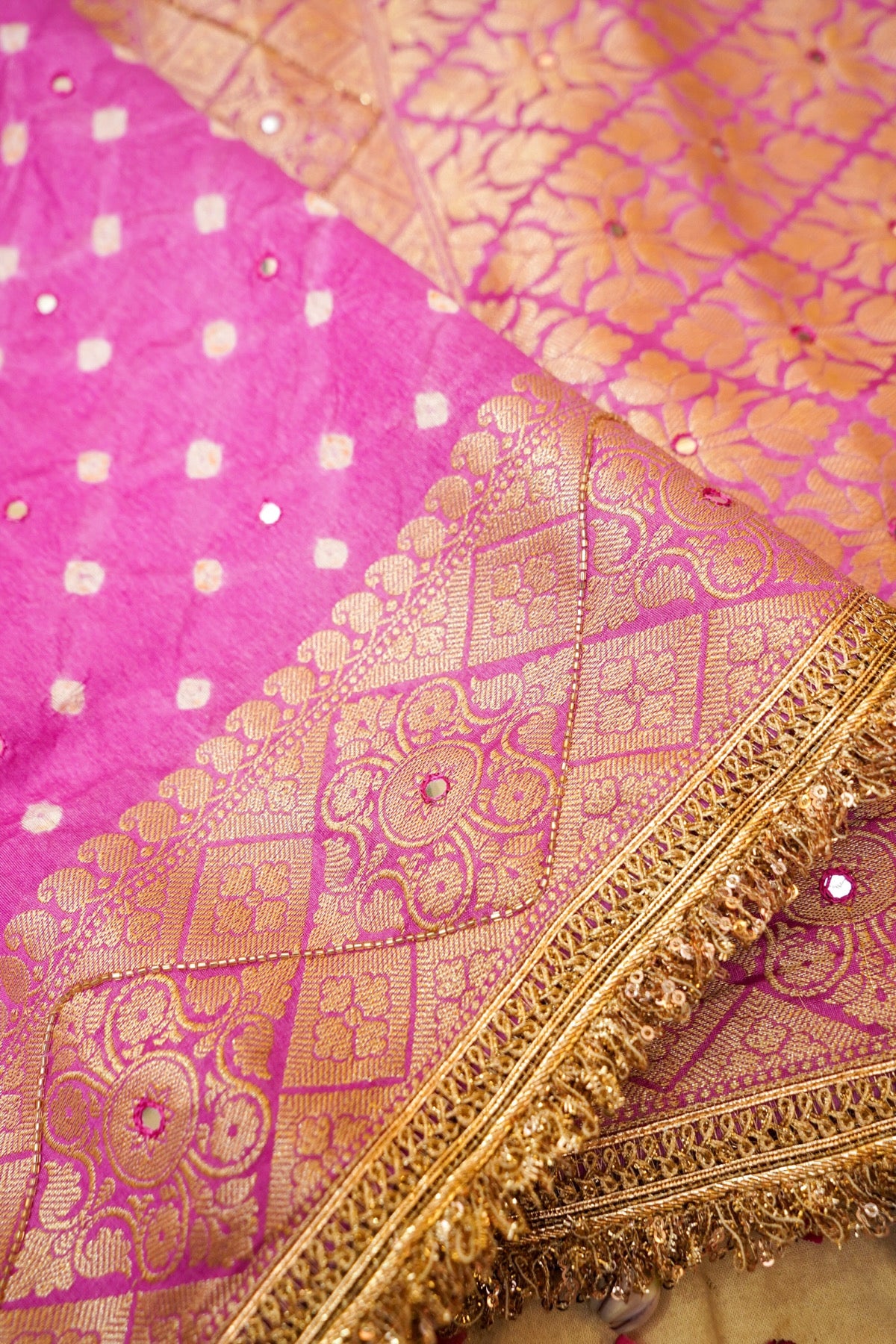 Gulabi Pink Bandhani Banarasi Dupion Silk Saree with Fringe Border