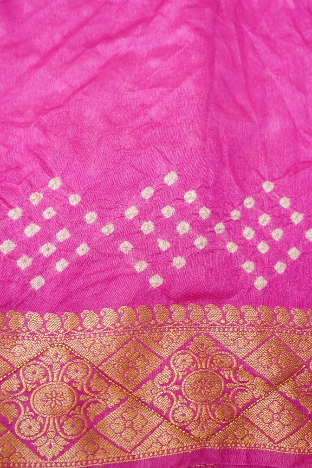 Gulabi Pink Bandhani Banarasi Dupion Silk Saree with Fringe Border