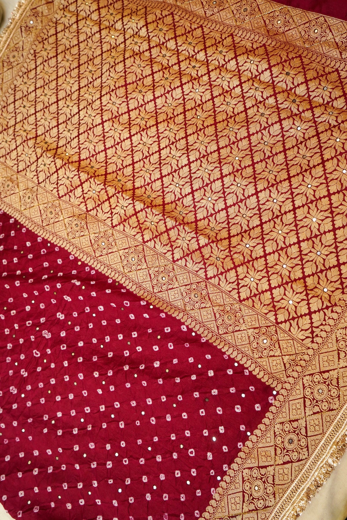 Deep Wine Red Bandhani Banarasi Dupion Silk Saree with Fringe Border