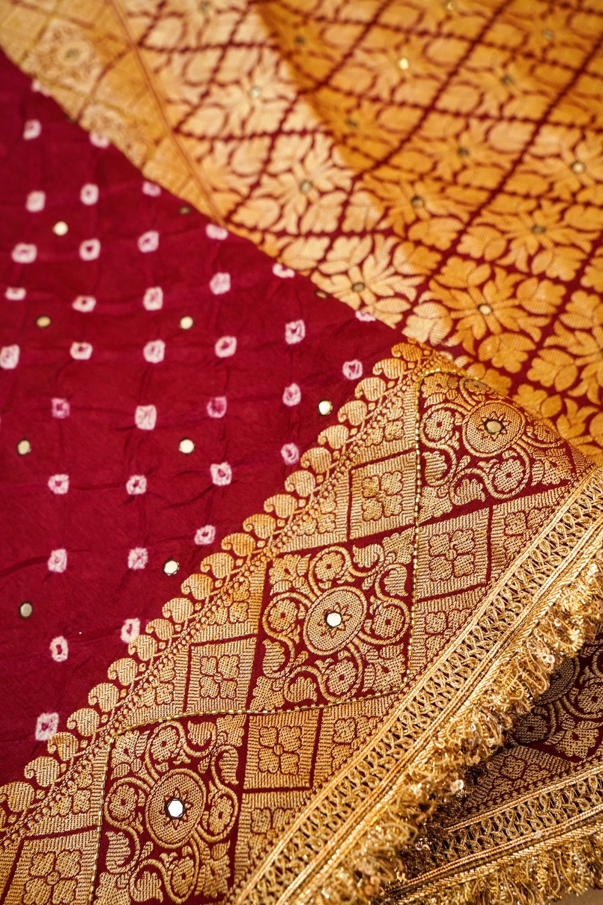 Deep Wine Red Bandhani Banarasi Dupion Silk Saree with Fringe Border