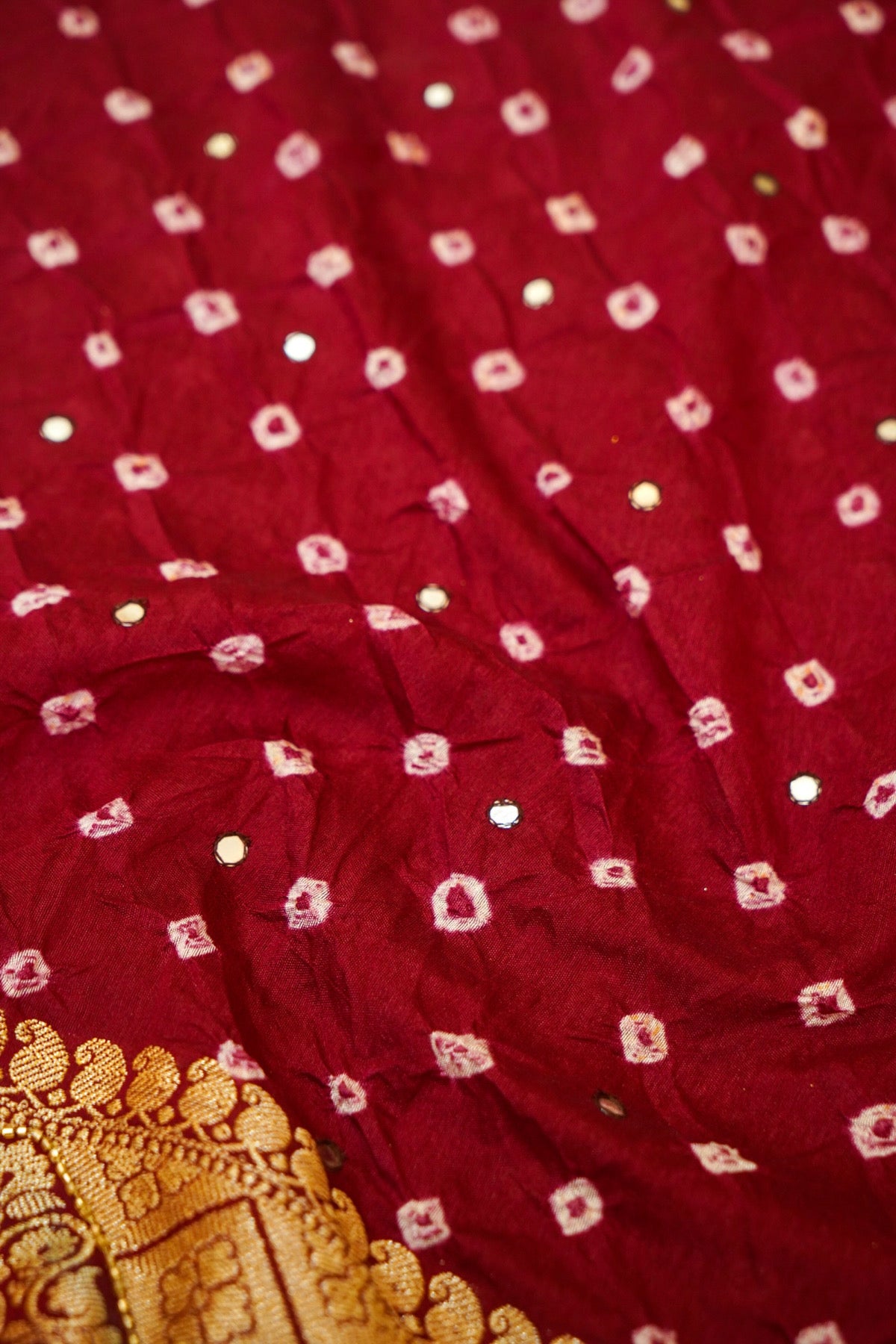 Deep Wine Red Bandhani Banarasi Dupion Silk Saree with Fringe Border