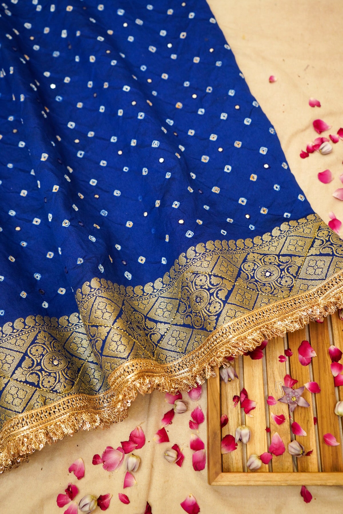 Royal Blue Bandhani Banarasi Dupion Silk Saree with Fringe Border