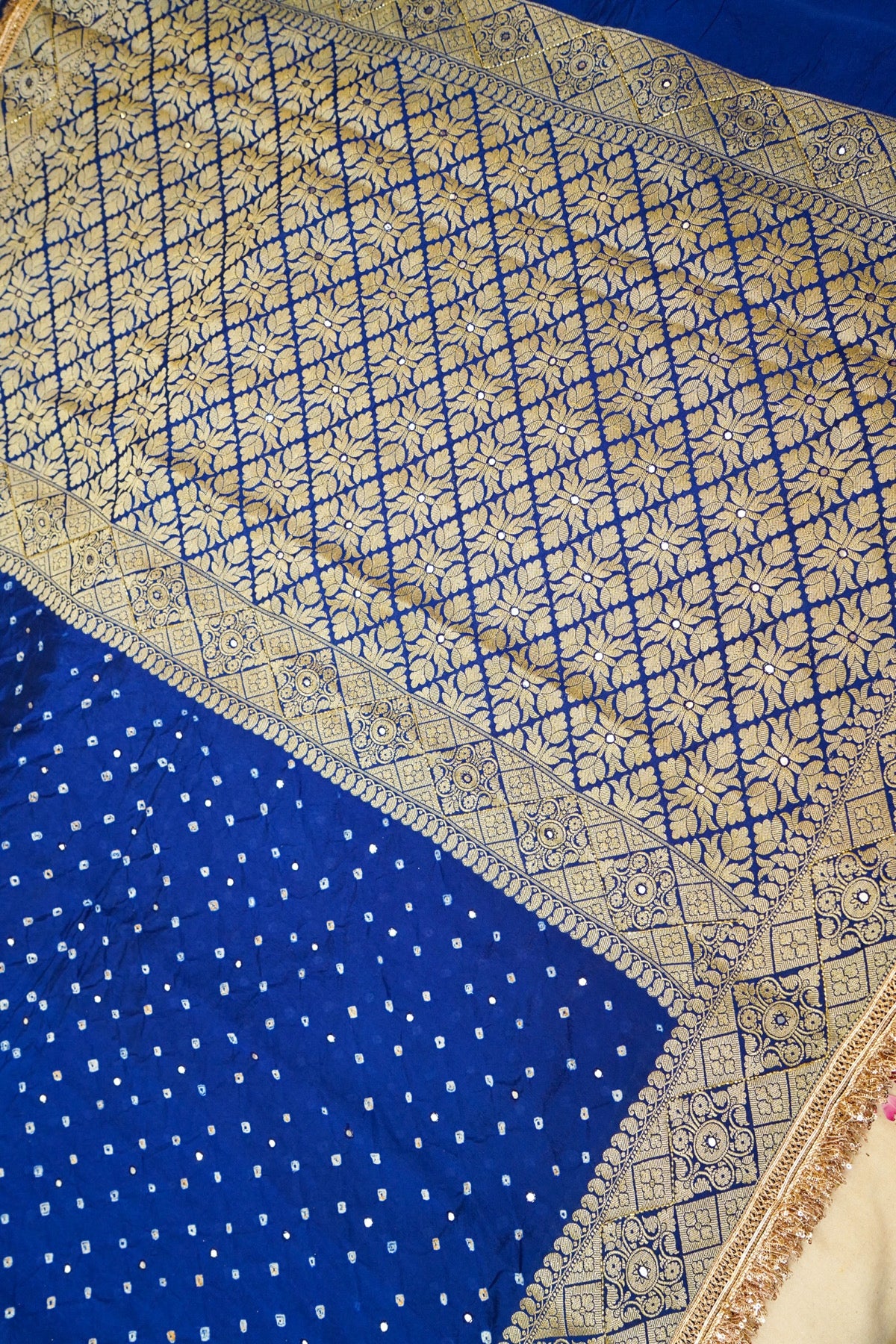 Royal Blue Bandhani Banarasi Dupion Silk Saree with Fringe Border