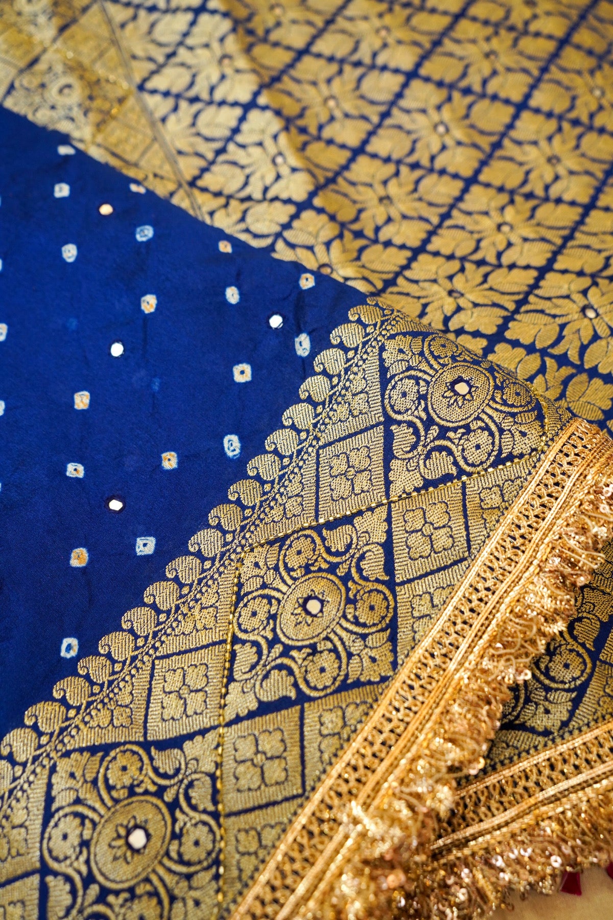 Royal Blue Bandhani Banarasi Dupion Silk Saree with Fringe Border