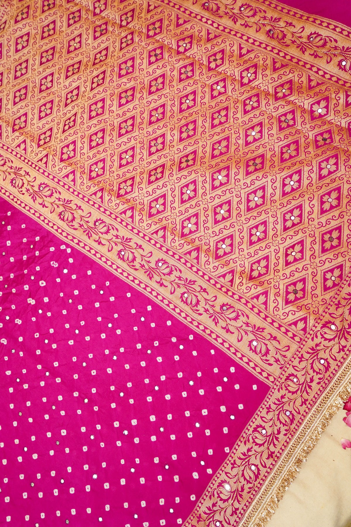 Fuchsia Pink Bandhani Saree with Floral Mirror and Fringe Border