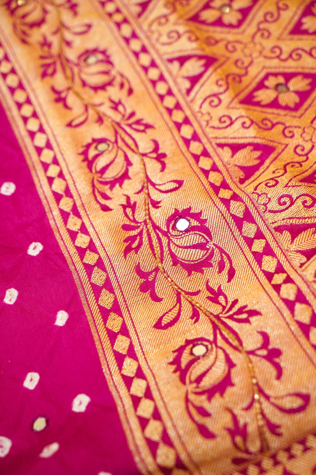 Fuchsia Pink Bandhani Saree with Floral Mirror and Fringe Border