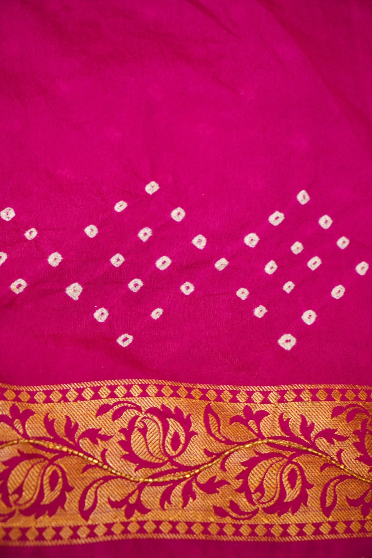 Fuchsia Pink Bandhani Saree with Floral Mirror and Fringe Border