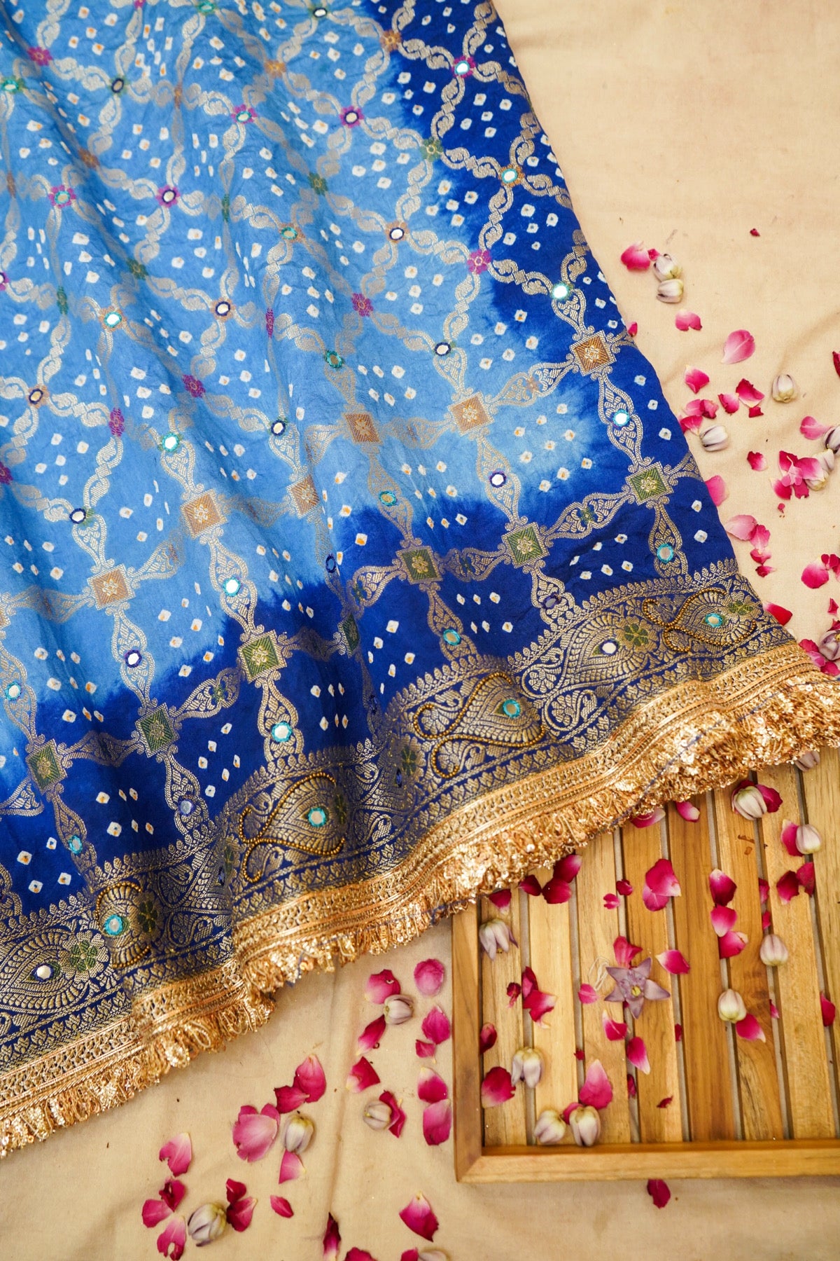 Royal Blue Ombre Bandhani Saree with Mirror Work and Fringe Border