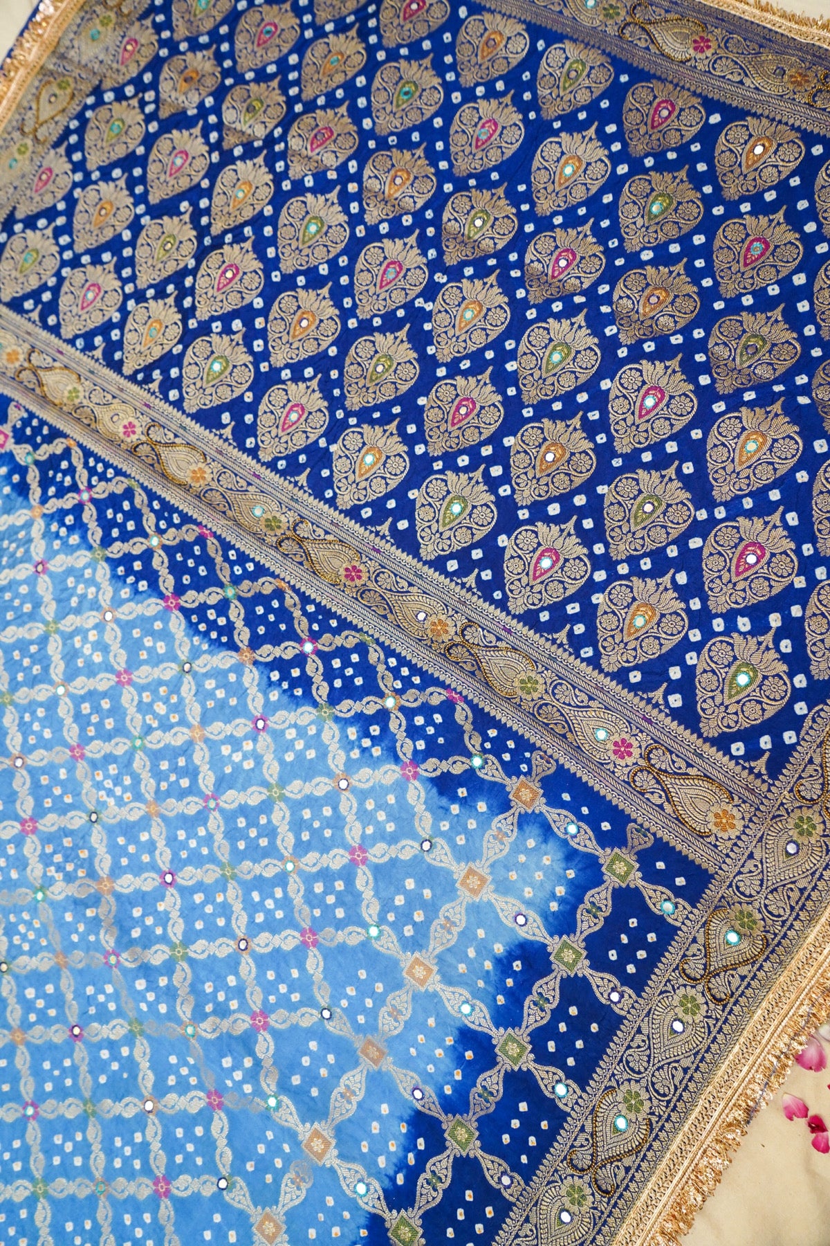 Royal Blue Ombre Bandhani Saree with Mirror Work and Fringe Border