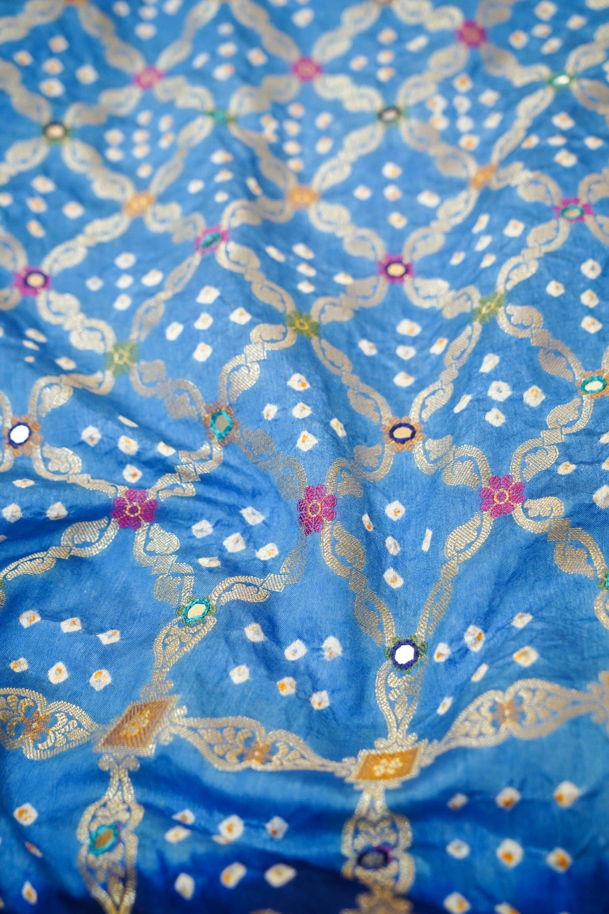 Royal Blue Ombre Bandhani Saree with Mirror Work and Fringe Border