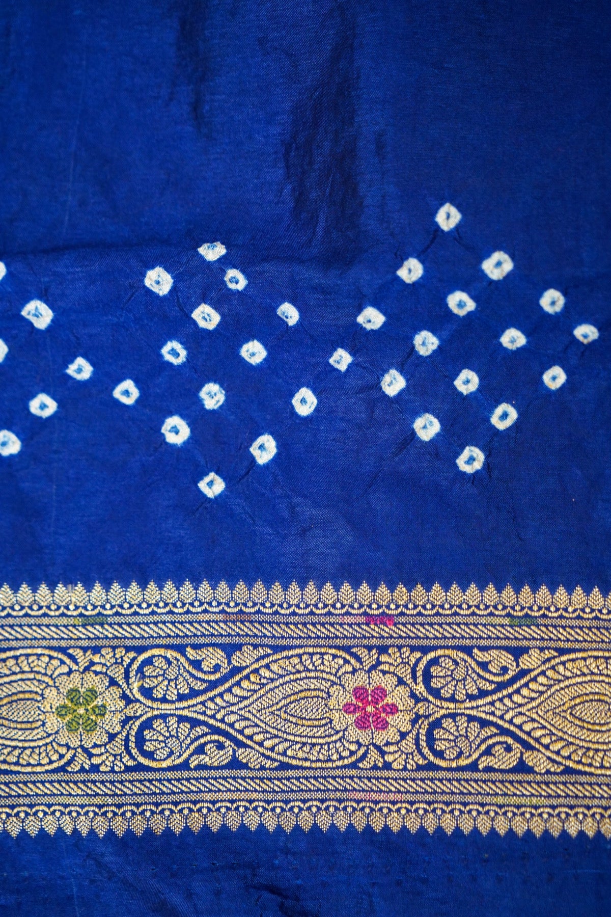 Royal Blue Ombre Bandhani Saree with Mirror Work and Fringe Border