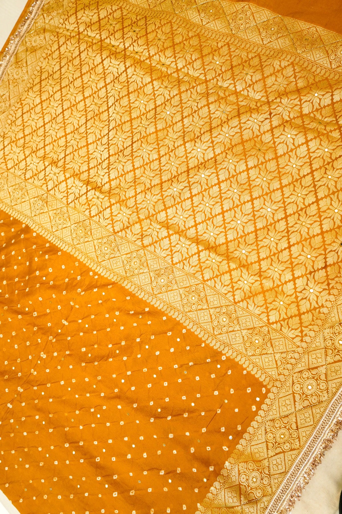 Mustard Gold Bandhani Banarasi Dupion Silk Saree with Fringe Border