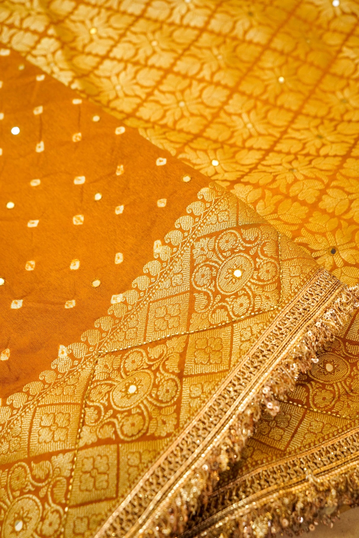 Mustard Gold Bandhani Banarasi Dupion Silk Saree with Fringe Border