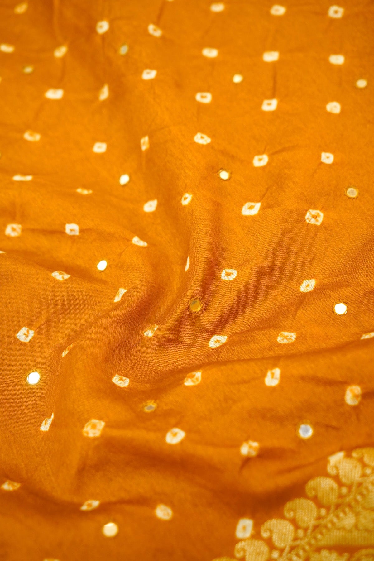 Mustard Gold Bandhani Banarasi Dupion Silk Saree with Fringe Border