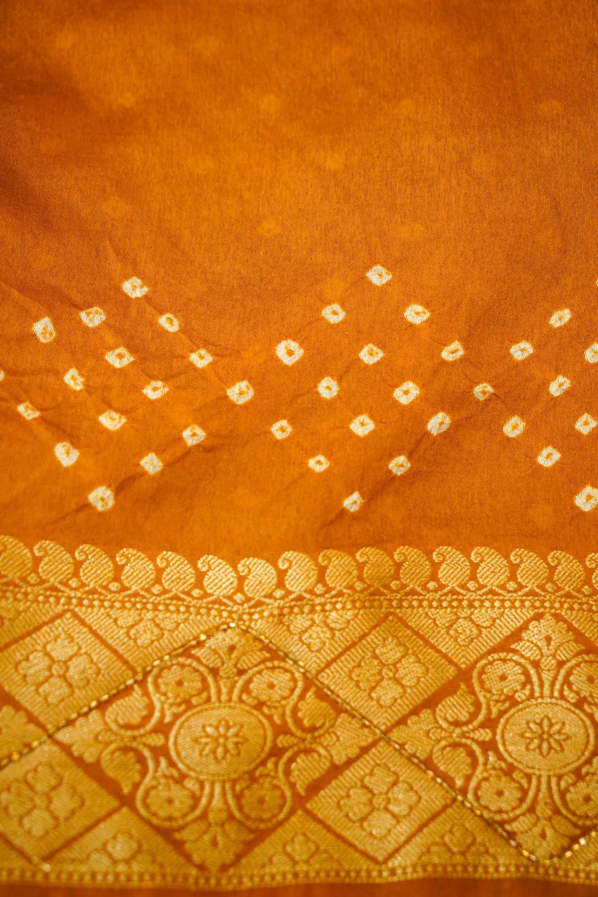 Mustard Gold Bandhani Banarasi Dupion Silk Saree with Fringe Border