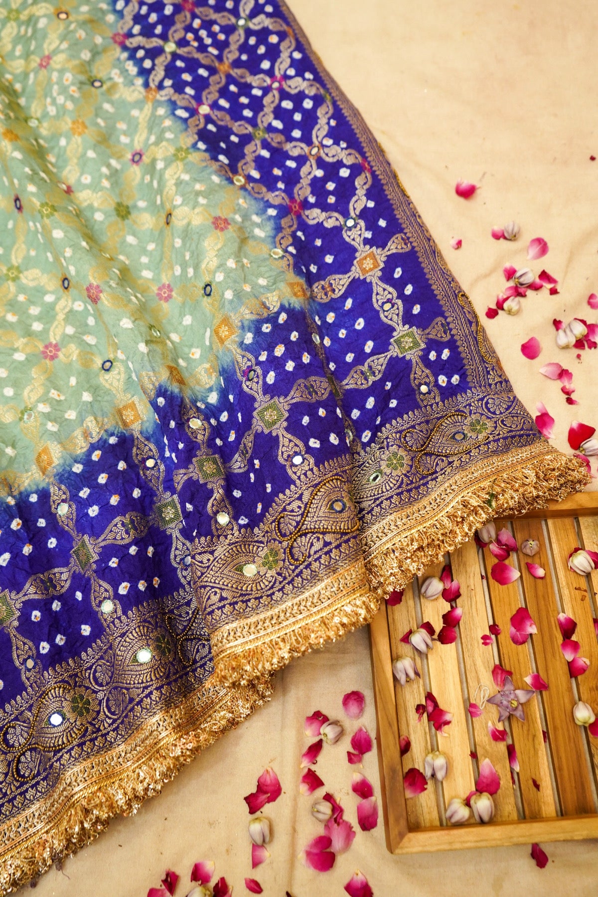 Mint Green - Royal Blue Ombre Bandhani Saree with Mirror Work and Fringe Border