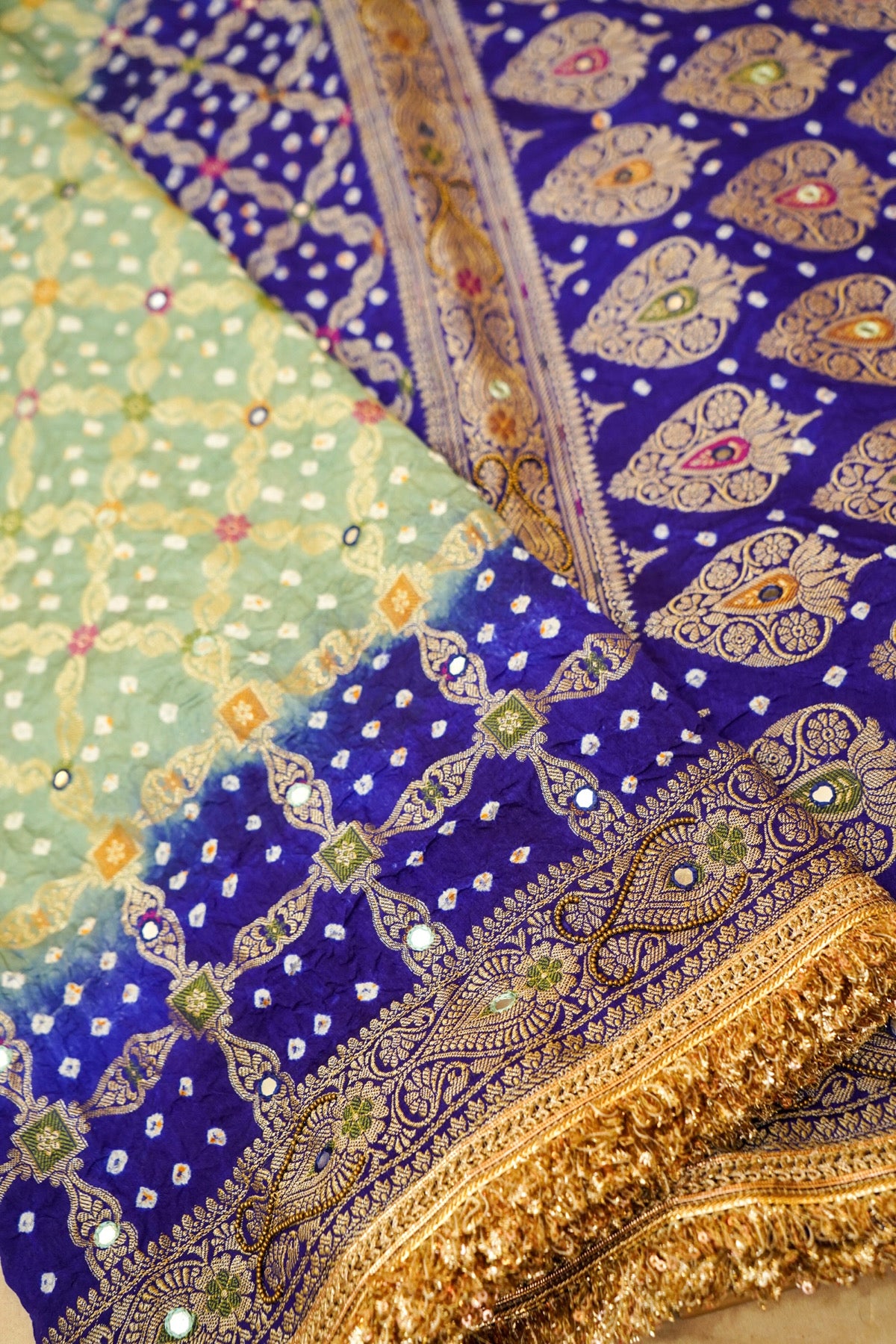 Mint Green - Royal Blue Ombre Bandhani Saree with Mirror Work and Fringe Border