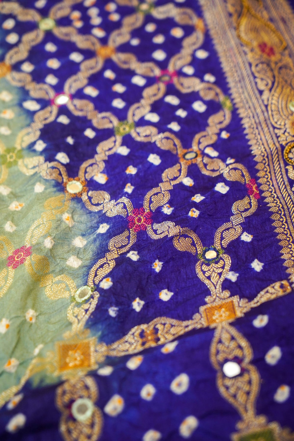 Mint Green - Royal Blue Ombre Bandhani Saree with Mirror Work and Fringe Border