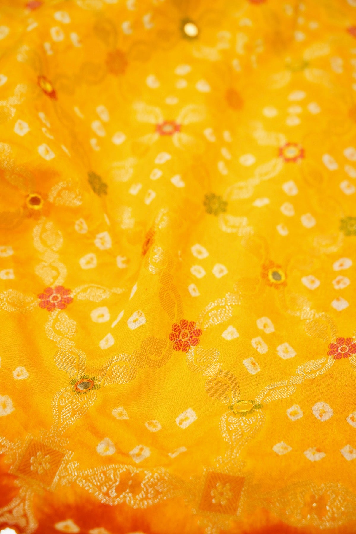 Marigold Yellow - Orange Ombre Bandhani Saree with Mirror Work and Fringe Border