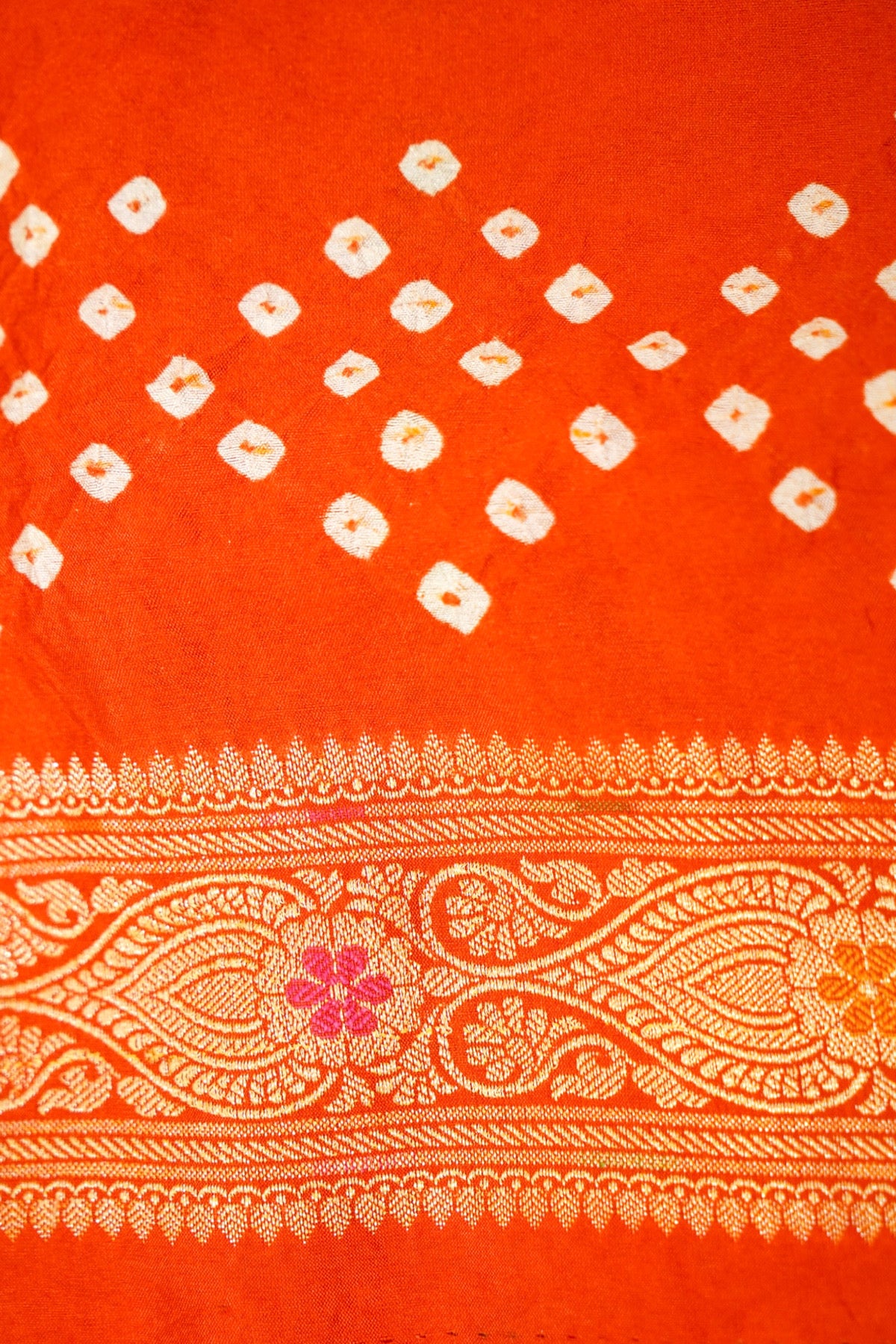 Marigold Yellow - Orange Ombre Bandhani Saree with Mirror Work and Fringe Border