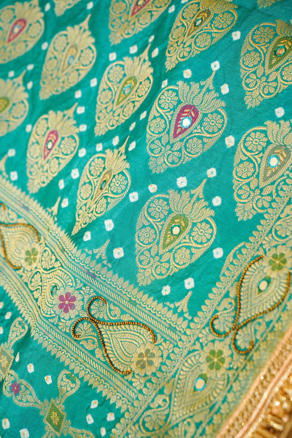 Pistachio Green - Aqua Ombre Bandhani Saree with Mirror Work and Fringe Border