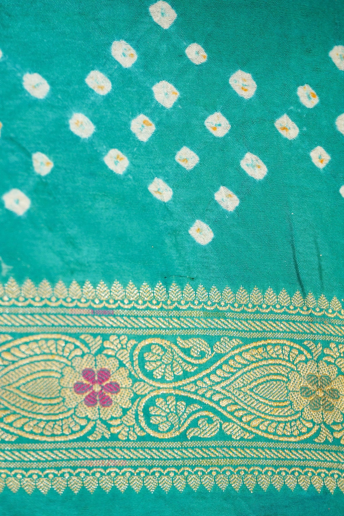 Pistachio Green - Aqua Ombre Bandhani Saree with Mirror Work and Fringe Border