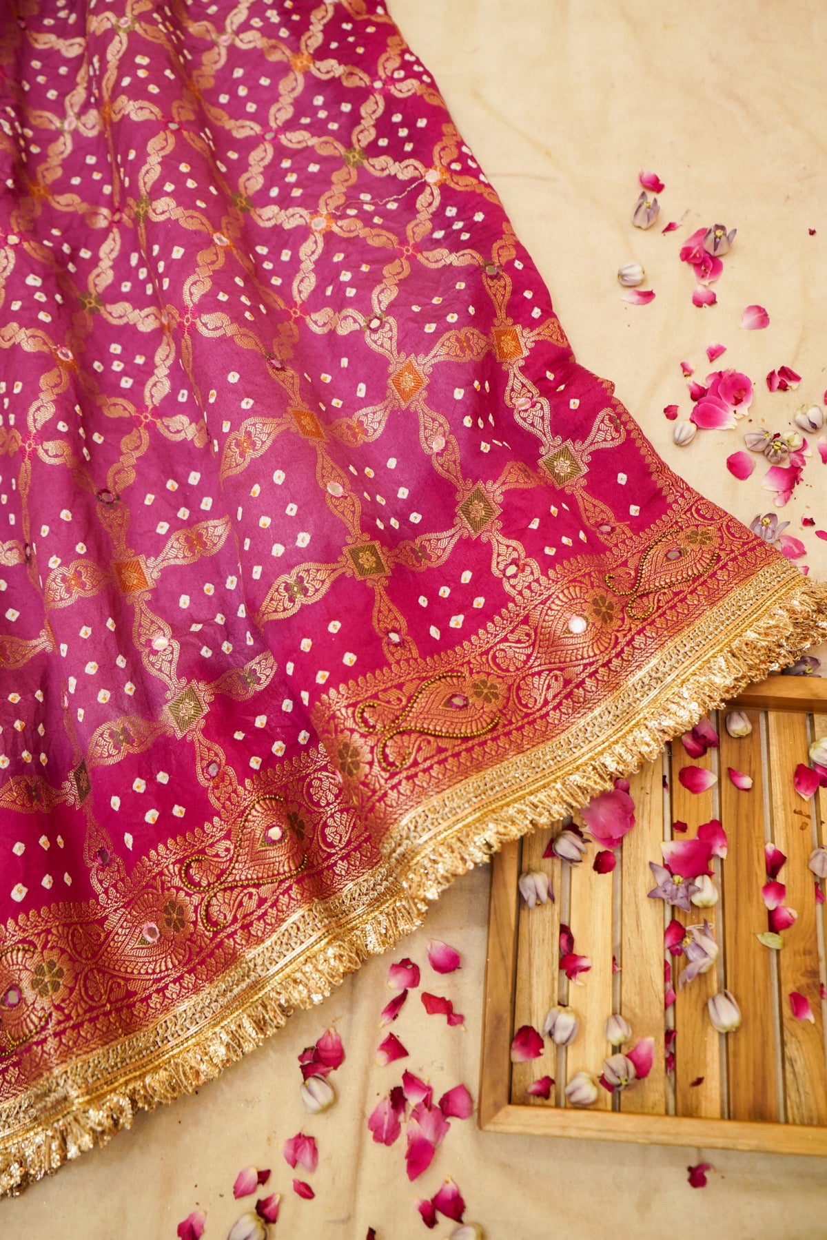 Rani Pink Ombre Bandhani Saree with Mirror Work and Fringe Border