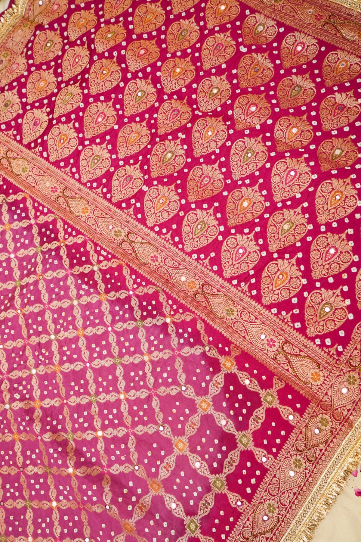 Rani Pink Ombre Bandhani Saree with Mirror Work and Fringe Border