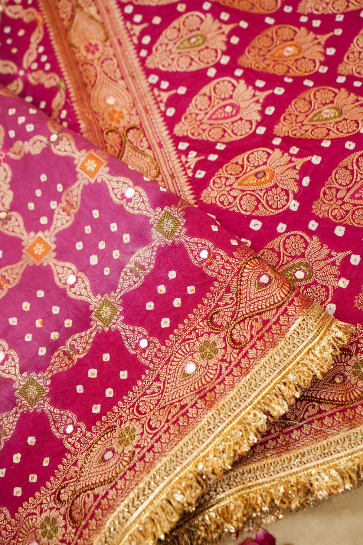 Rani Pink Ombre Bandhani Saree with Mirror Work and Fringe Border