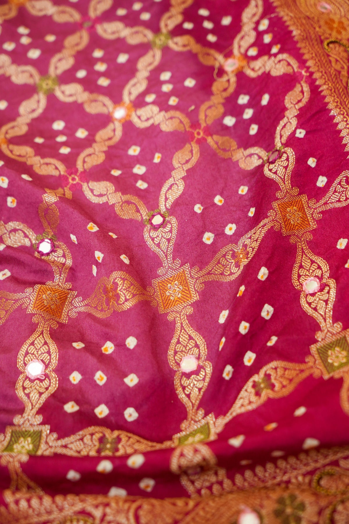 Rani Pink Ombre Bandhani Saree with Mirror Work and Fringe Border