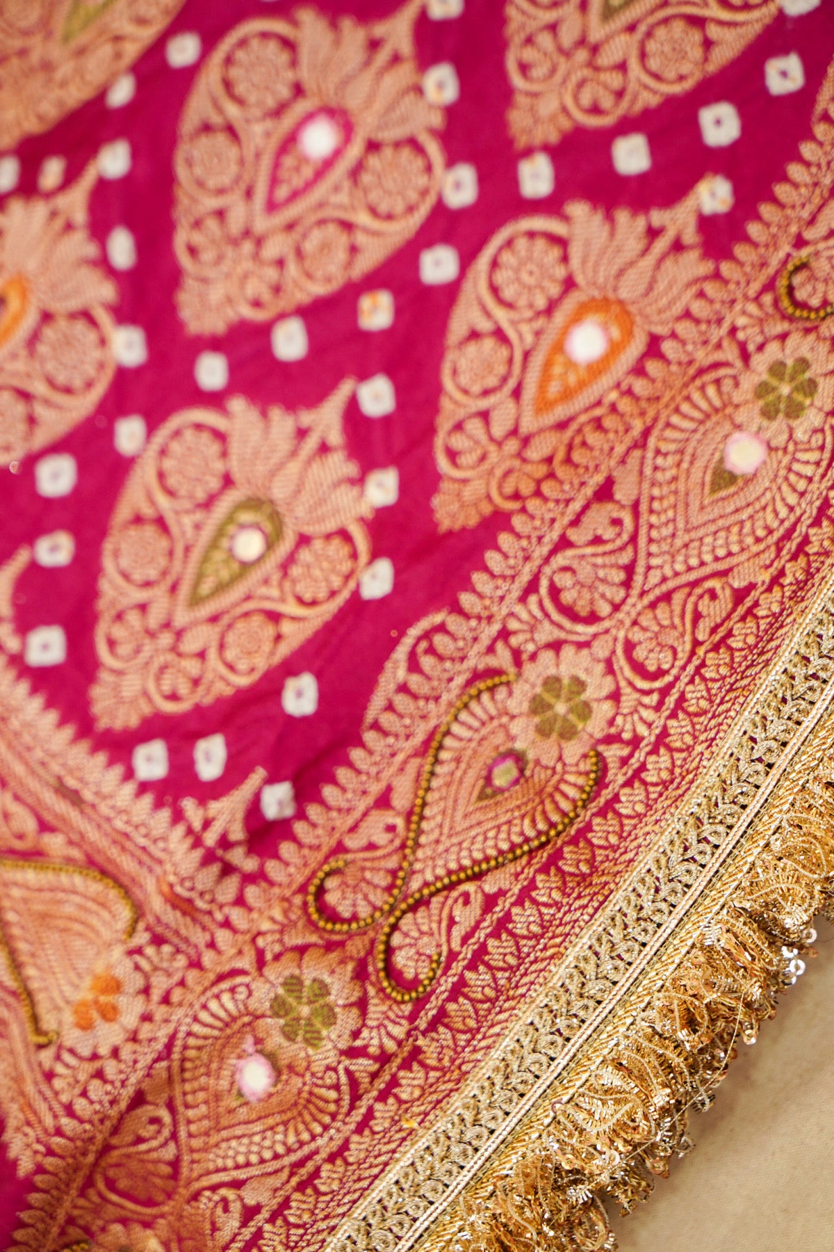 Rani Pink Ombre Bandhani Saree with Mirror Work and Fringe Border