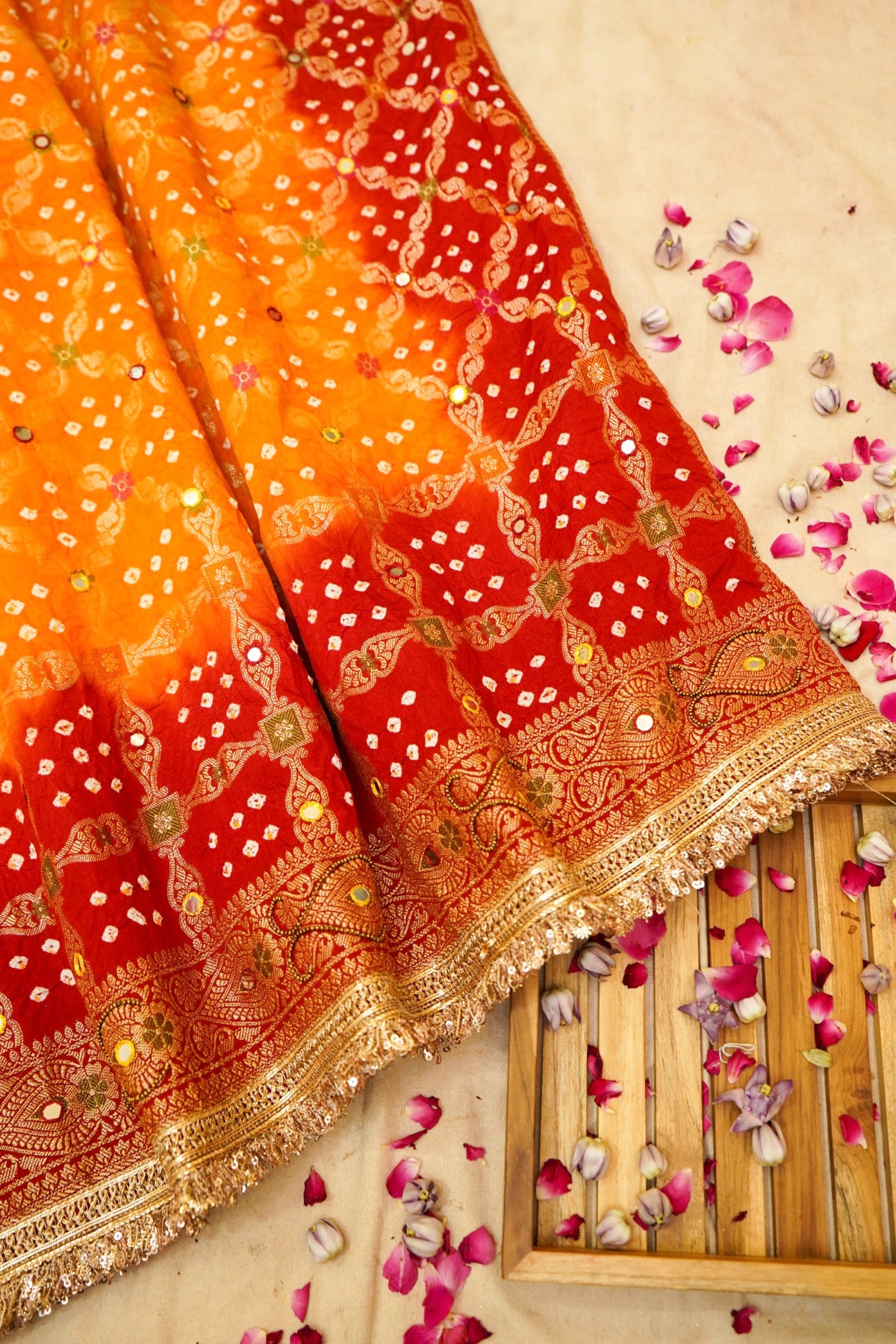 Orange - Vermilion Red Ombre Bandhani Saree with Mirror Work and Fringe Border