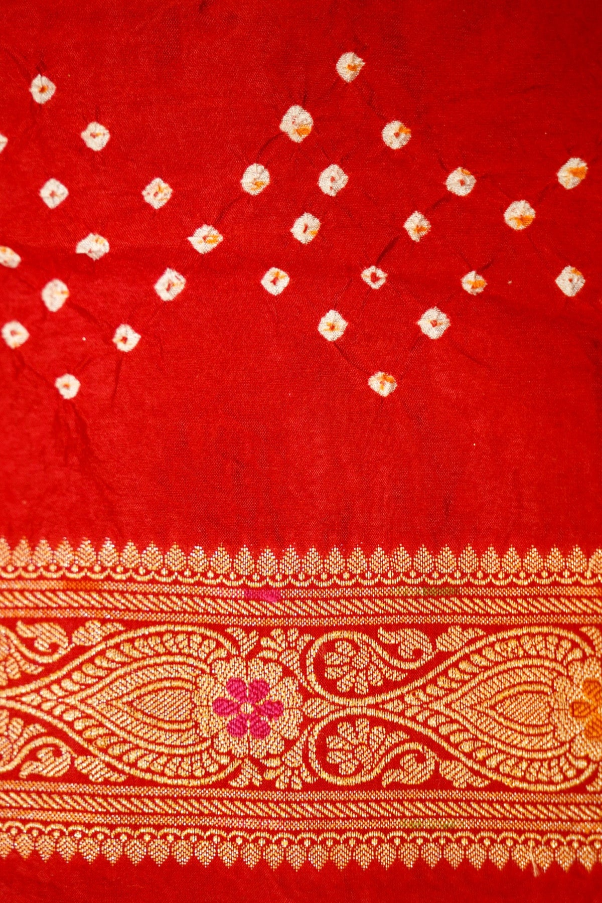 Orange - Vermilion Red Ombre Bandhani Saree with Mirror Work and Fringe Border