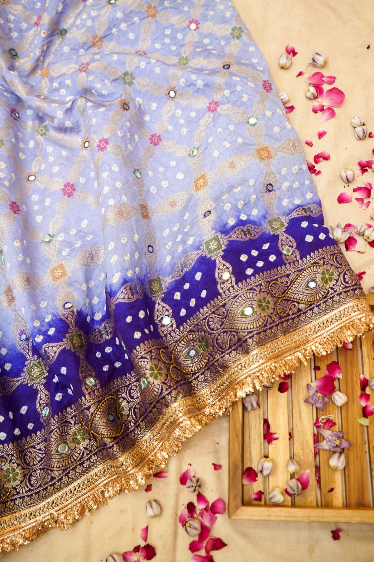 Lavender Mist - Royal Blue Ombre Bandhani Saree with Mirror Work and Fringe Border