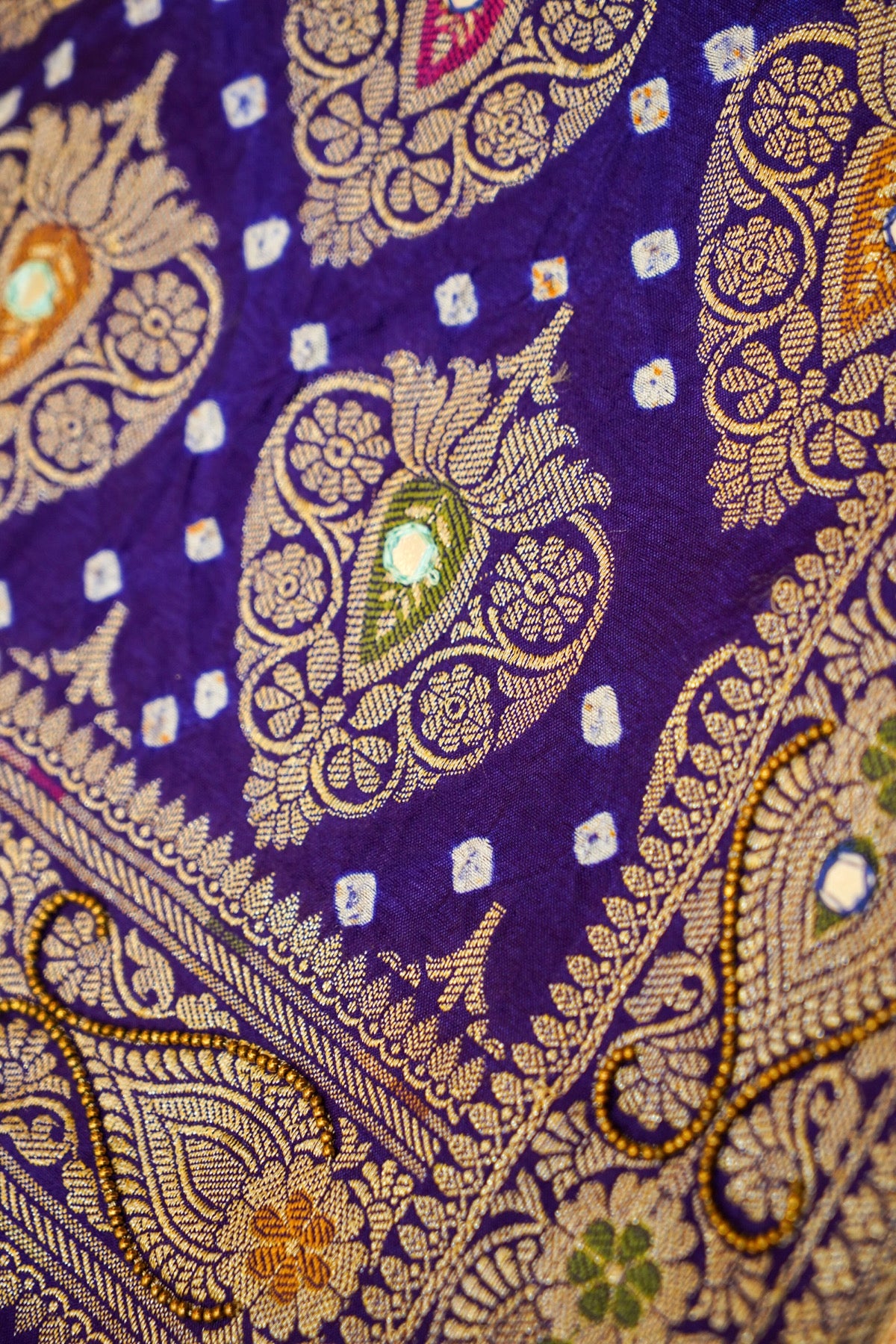 Lavender Mist - Royal Blue Ombre Bandhani Saree with Mirror Work and Fringe Border